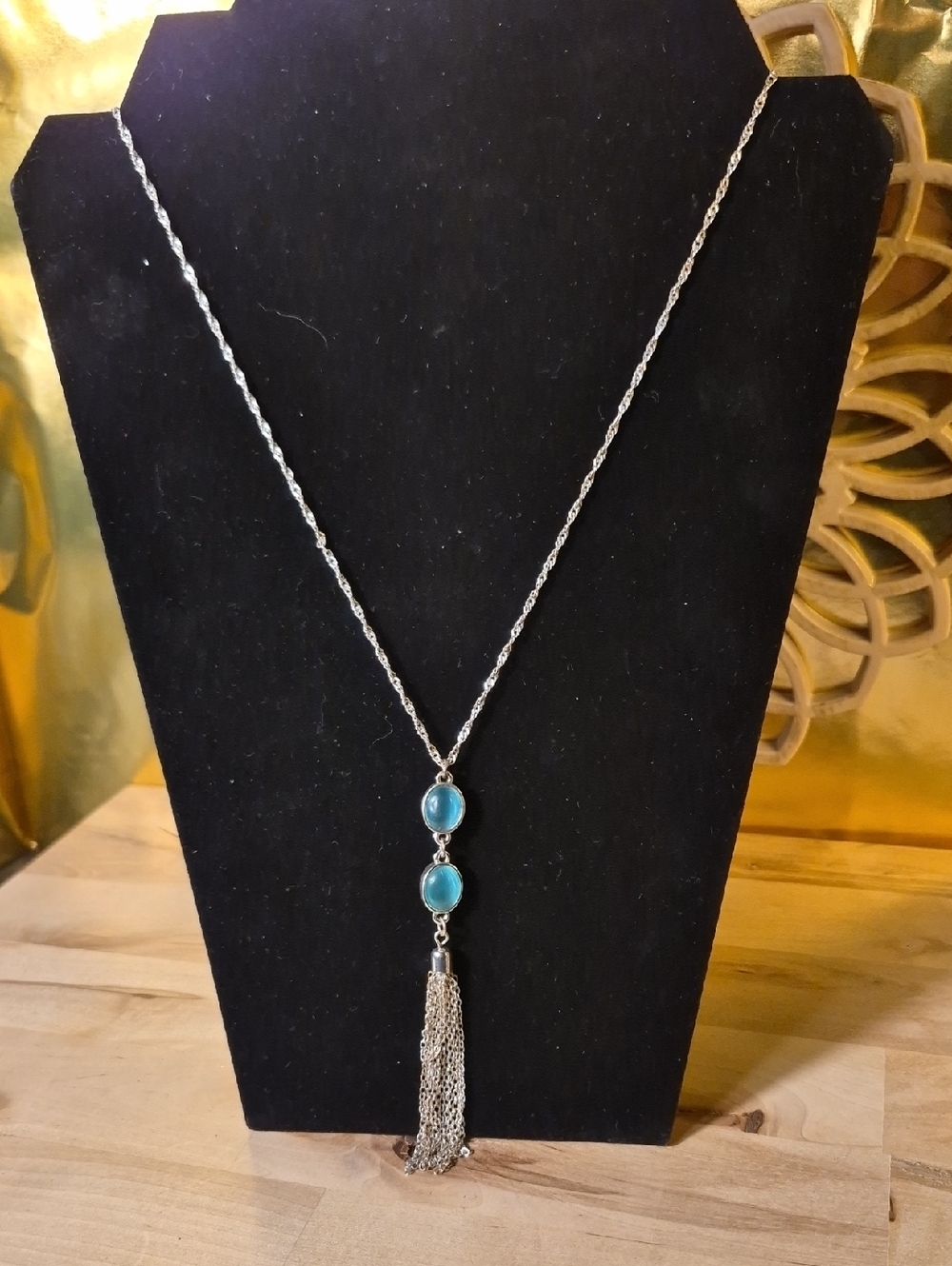 Silver-Tone Blue Stone Tassel Pendant Necklace
